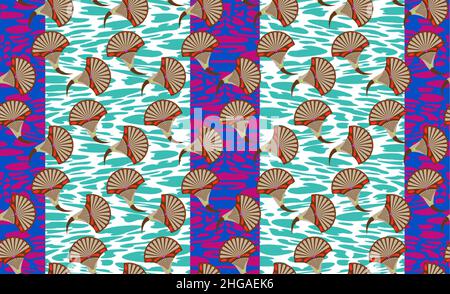 African Wax Print fabric, Ethnic overlap ornament seamless design, kitenge pattern motifs floral elements. Vector texture, afro colorful textile Stock Vector