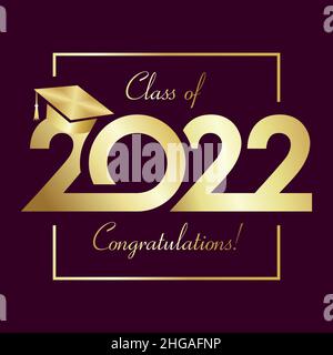 Class of 2022 year graduation square greetings. Class off creative idea. Golden 20 22, gold frame and calligraphic text. Isolated abstract graphic des Stock Vector
