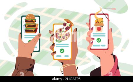 Flat human hands hold smartphone with mobile app for ordering fast food at home or take away. Online service for order asian and italian meals. Pizza, burger and wok box with noodles delivery. Stock Vector