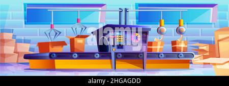 Cartoon conveyor belt with robotic arms for automated packaging product and goods in cardboard boxes. Factory transporter production line with parcels, carton packages. Warehouse, post office interior Stock Vector