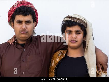 Portrait of two flower men, Asir province, Sarat Abidah, Saudi Arabia Stock Photo