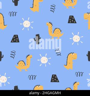 Cute dinosaur seamless patterns. Digital paper. Creative childish print Stock Vector