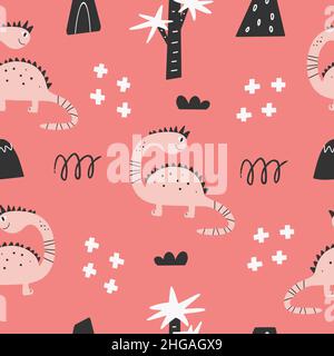 Cute dinosaur seamless patterns. Digital paper. Creative childish print Stock Vector