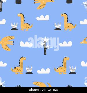 Cute dinosaur seamless patterns. Digital paper. Creative childish print Stock Vector