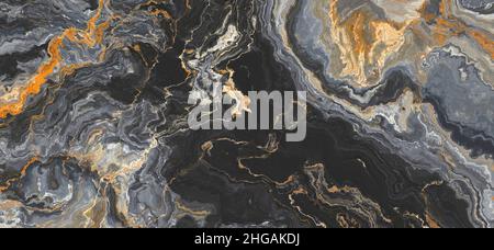 Black onyx marble pattern with curly orange veins. Abstract texture and background. 2D illustration Stock Photo