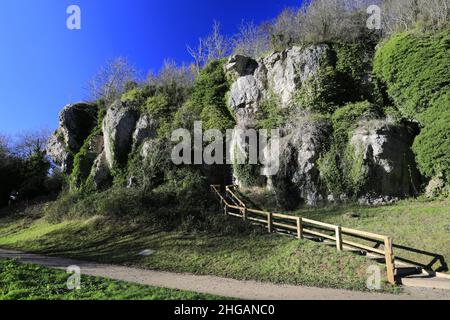 View of the Pin Hole Ice Age Cave at Creswell Crags Prehistoric Gorge, Nottinghamshire, England, Britain, UK Stock Photo