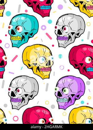 Skull cartoon pattern seamless. Crazy skeleton head sketch hand drawing background. Vector texture Stock Vector
