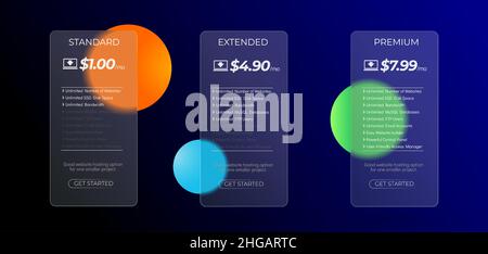 Modern glass subscription plan table with trendy morphism effect. Web hosting pricing plans for websites and applications. Transparent blurred glass Stock Vector