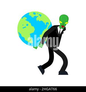 Reptilian steals the earth. The concept of world government. The conspiracy theory and the capture of the world by aliens. Stock Vector