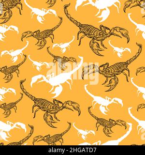 Scorpion hand drawing sketch pattern seamless. linear terrestrial arachnid background. Vector texture Stock Vector