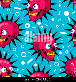 Skull cartoon pattern seamless. Crazy skeleton head sketch hand drawing background. Vector texture Stock Vector
