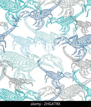 Scorpion hand drawing sketch pattern seamless. linear terrestrial arachnid background. Vector texture Stock Vector
