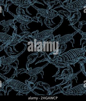 Scorpion hand drawing sketch pattern seamless. linear terrestrial arachnid background. Vector texture Stock Vector
