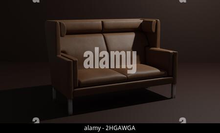 Brown leather sofa, soft sofa with high back, in the studio on a brown background. 3D rendering Stock Photo