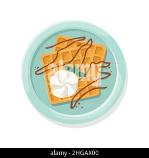 Vector illustration of a Belgian waffle with whipped cream and chocolate sauce. Stock Vector