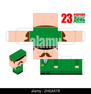 February 23. Soldier paper toy template. Military papercraft. Translation Russian: Day of Defenders of the Fatherland. February 23. Russian military m Stock Vector