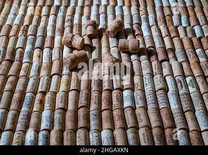Collection of wine and champagne corks: fine wines, French wine, Argentinian wine, Italian wine, Rioja, Chateau Meaume Stock Photo