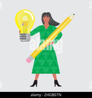 Woman with light bulb and pen. Vector illustration. EPS10. Stock Vector
