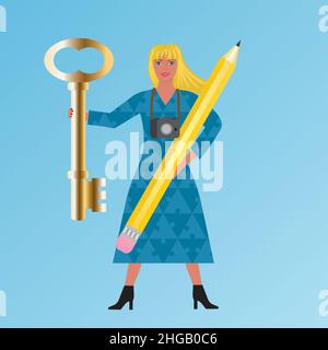 Woman with golden key, pencil and camera. Puzzle pieces on the dress. Vector illustration. Stock Vector