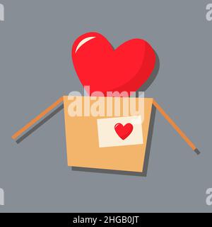 An open paper box with a heart in it. Day of love. valentine's day. A greeting card with a declaration of love. A flat vector image on a gray backgrou Stock Vector