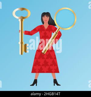 Woman with golden key and magnifying glass. Puzzle pieces on dress. Vector illustration. Stock Vector