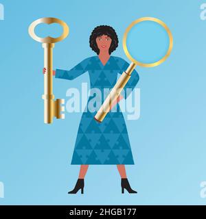 Woman with golden key and magnifying glass. puzzle pieces on dress. Vector illustration. Stock Vector