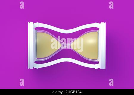 Sandglass on purple background. Vintage items. Countdown time. Historical dimension. Deadline measurement. Top view. 3d render Stock Photo