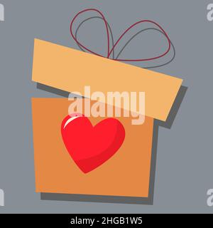An open gift box with a bow and a heart. Day of love. valentine's day. A greeting card with a declaration of love. A flat vector image on a gray backg Stock Vector