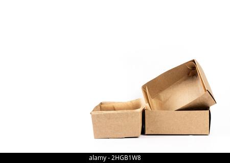 Take away food kraft paper boxes isolated on white background. Part of set. Stock Photo