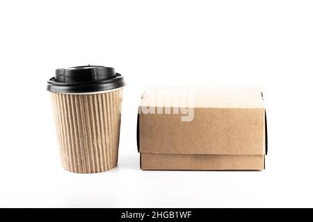 Kraft paper coffee cup and meal box isolated on white background. Take away delivery concept. Part of set. Stock Photo