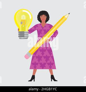 Woman with light bulb and pen. Vector illustration. Isolated on white. Stock Vector
