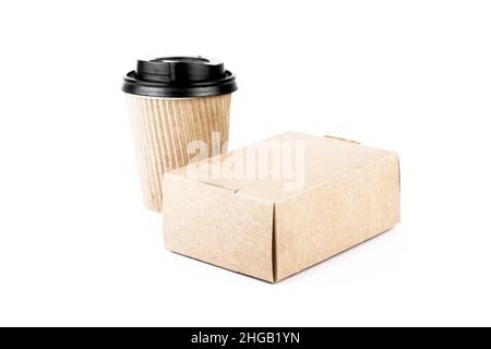 Kraft paper coffee cup and meal box isolated on white background. Take away delivery concept. Part of set. Stock Photo