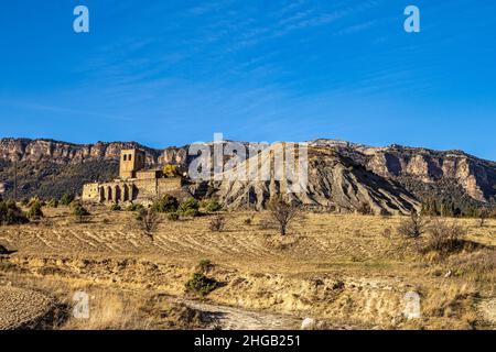 The Deserted Village Esco in Aragon, Spain. Esco was once a thriving village in Aragon in northeastern Spain until the construction of Yesa dam across Stock Photo
