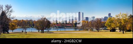 Panoramic view of downtown Denver Colorado from City Park in Fall with the front range mountains in the background Stock Photo