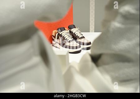 A pair of Louis Vuitton x Nike Air Force 1s sneakers by designer Virgil  Abloh are on display in New York City on Friday, January 21, 2022.  Sotheby's will auction 200 pairs