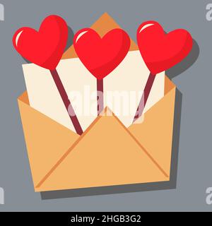 In an open envelope with a letter, caramel on a stick in the form of hearts. Day of love. valentine's day. A greeting card with a declaration of love. Stock Vector