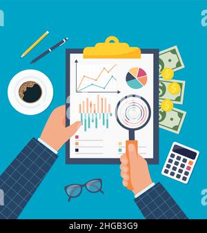financial report. audit tax. financial market analysis. Vector illustration for web, mobile app in flat design. EPS 10 Stock Vector