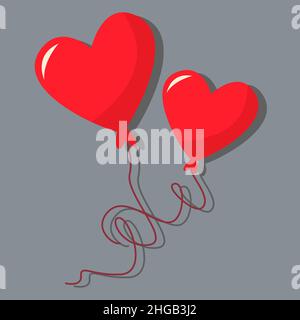 Two balloons in the shape of a heart. Day of love. valentine's day. A greeting card with a declaration of love. A flat vector image on a gray backgrou Stock Vector
