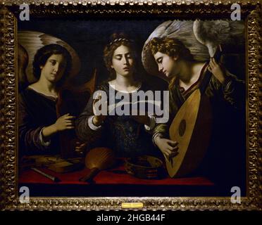 Antiveduto Grammatica (1571-1626). Italian painter. Saint Cecilia with two Angels, ca.1620. Oil on canvas (100 x 126 cm). National Museum of Ancient Art. Lisbon, Portugal. Stock Photo