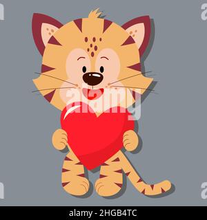 A cute tiger holds a heart in its paws. Day of love. valentine's day. A greeting card with a declaration of love. A flat vector image on a gray backgr Stock Vector