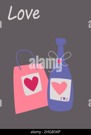 A gift bag and a bottle of champagne. Vector image in boho style. valentine's day. Greeting card with a declaration of love. Stock Vector