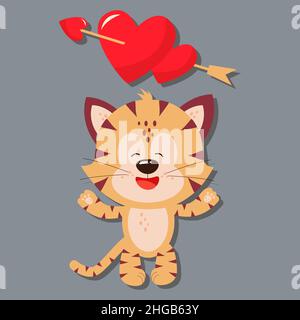 A tiger in love and hearts with an arrow. Day of love. valentine's day. A greeting card with a declaration of love. A flat vector image on a gray back Stock Vector