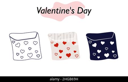 An envelope with a love letter for Valentine Day. In color, solid and linear versions. A symbol of love and a Valentine Day holiday. Vector Stock Vector