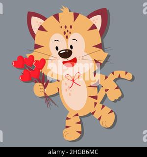 Tiger runs to give a bouquet of flowers from hearts. Day of love. valentine's day. A greeting card with a declaration of love. A flat vector image on Stock Vector