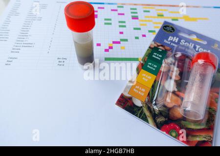 Soil PH test kit alongside a gardening planning calendar Stock Photo