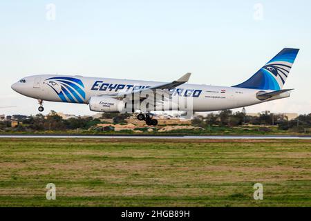 EgyptAir Cargo Airbus A330-243(P2F) (REG: SU-GCJ) arriving from London Heathrow. Stock Photo