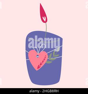 A candle with a decor from the heart of a twig. Vector symbols of love. valentine's day. A series of postcards in boho style. Stock Vector