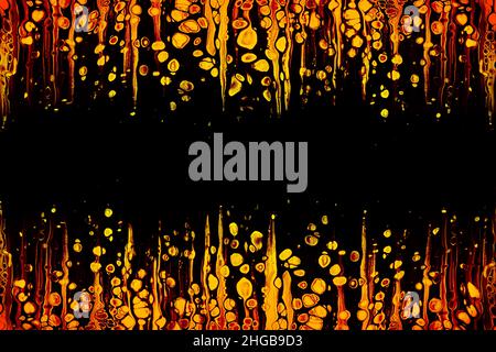 Colorful yello and red abstract acrylic dripping painting. Free flowing cells. Pouring. Stock Photo