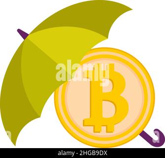 Bitcoin under the umbrella. Reliability and security, money protection, business, banking, blockchain, cryptocurrency vector. Stock Vector
