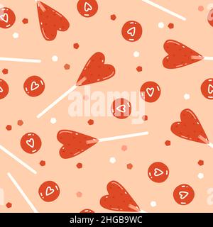 St. Valentine's Day seamless pattern with red heart-shaped lollipops, dragees with drawn hearts and confetti Stock Vector